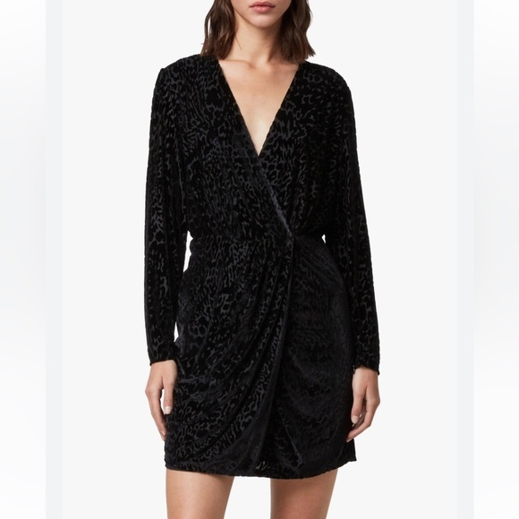 All Saints Women’s Black Laney Devore Velvet Long Sleeve Mini Dress Size 8 - Picture 1 of 12